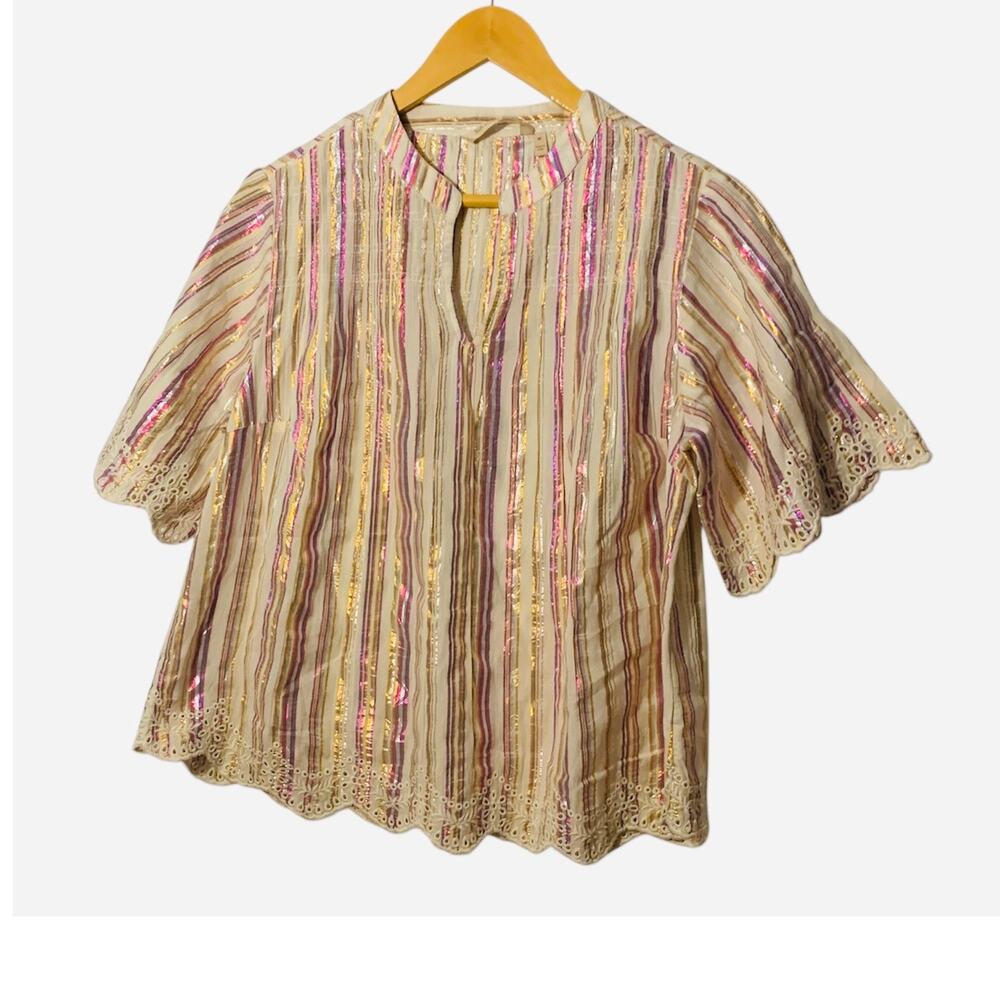 SOFT SURROUNDINGS Ciel Metallic Stripe Scalloped Eyelet Embroidered Top M